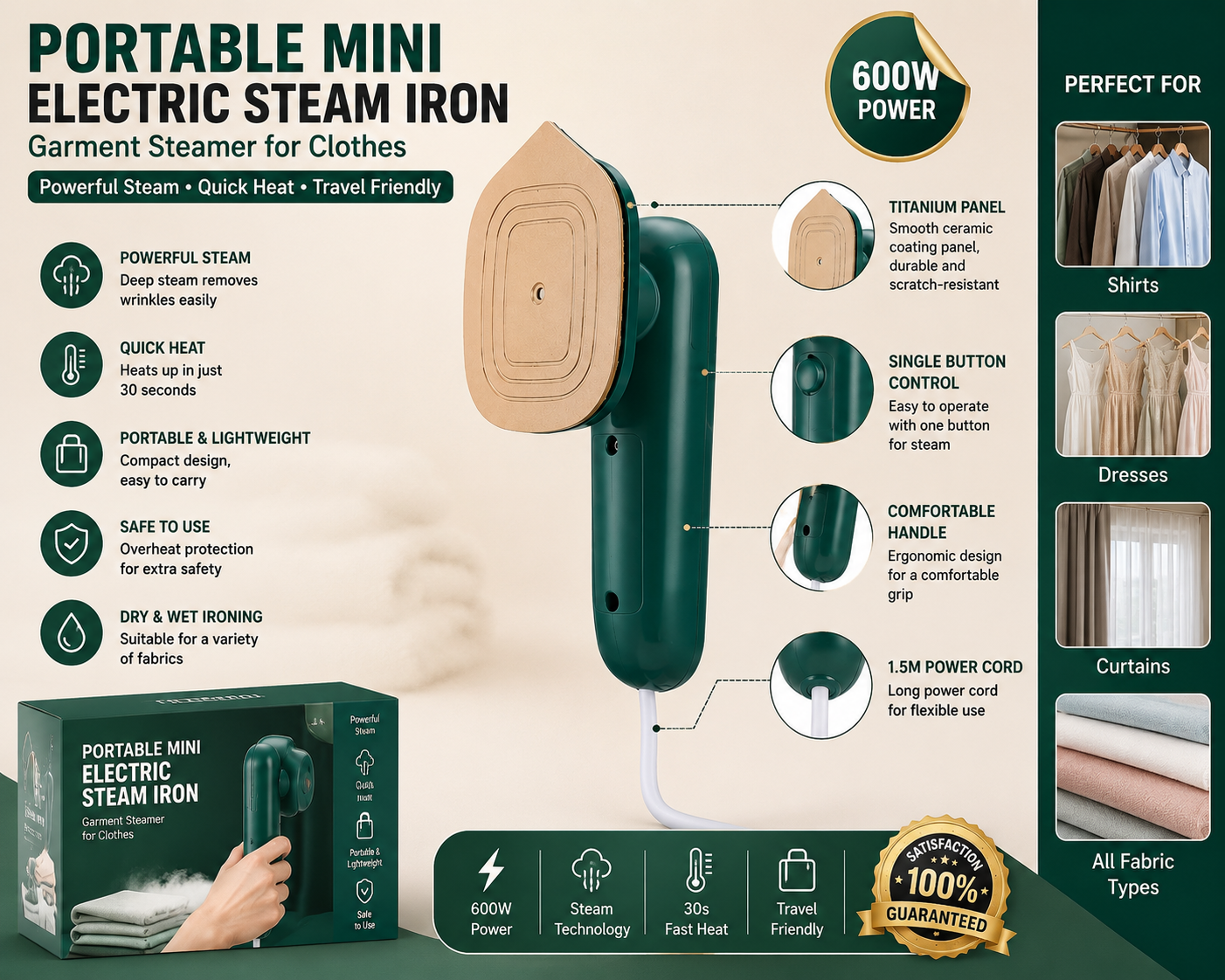 Portable Mini Electric Steam Iron & Handheld Garment Steamer for Clothes