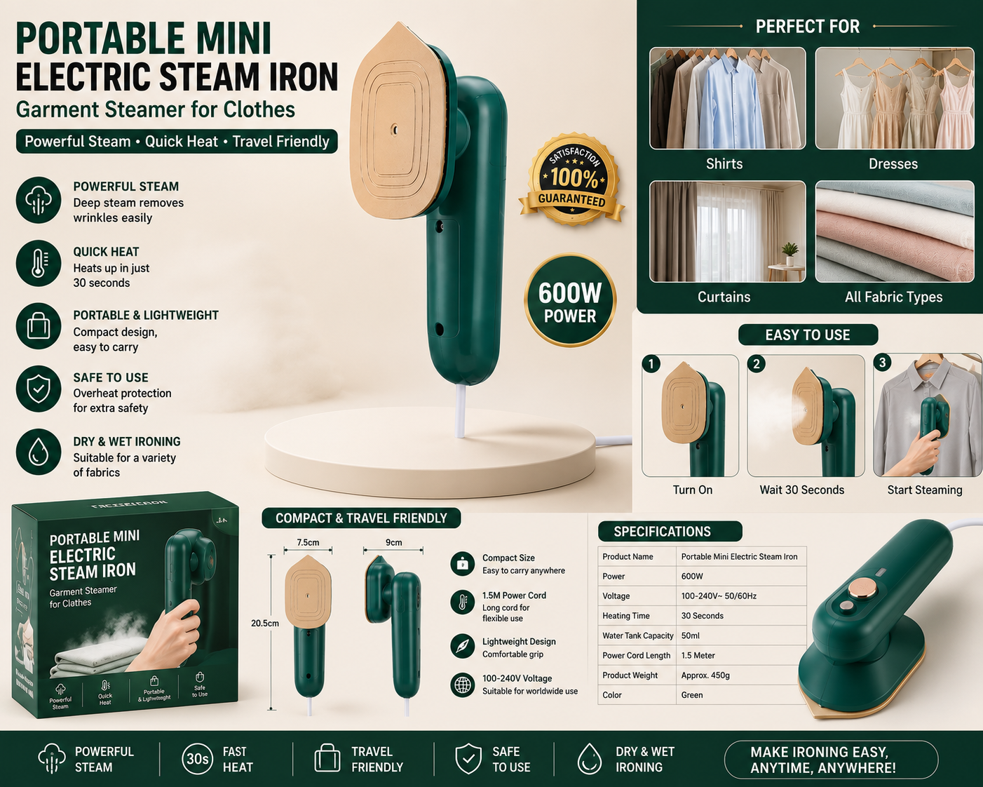Portable Mini Electric Steam Iron & Handheld Garment Steamer for Clothes