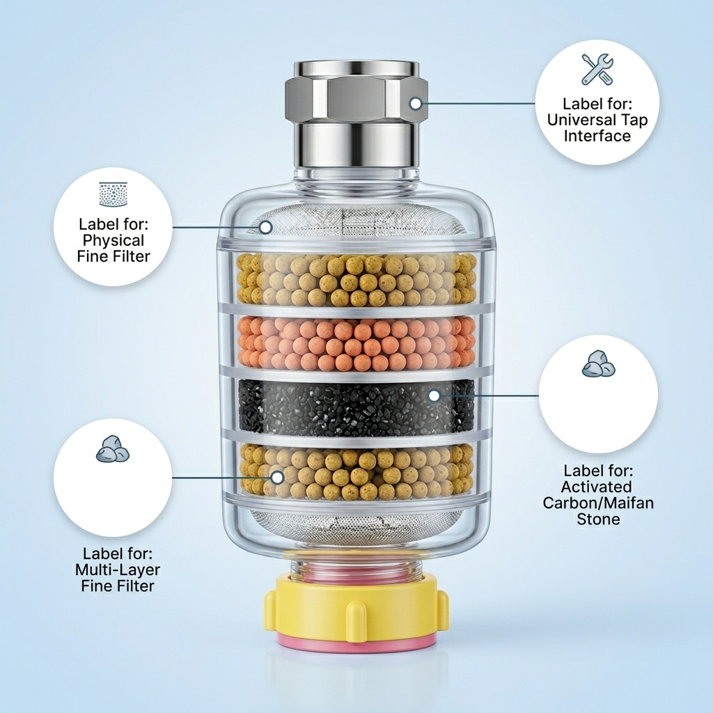 6 Layer Faucet Water Filter – Universal Interface Tap Water Purifier – Removes Chlorine, Heavy Metals & Impurities (Maifan Stone Ball)