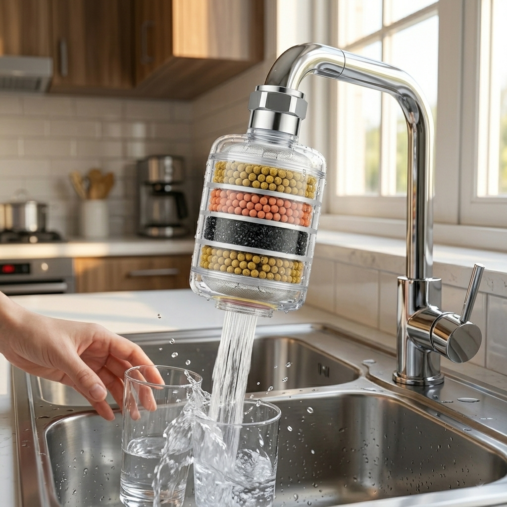 6 Layer Faucet Water Filter – Universal Interface Tap Water Purifier – Removes Chlorine, Heavy Metals & Impurities (Maifan Stone Ball)