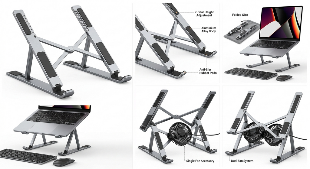 Ergonomic Portable Laptop Stand – Sturdy Aluminium Alloy with Anti-Slip Grip & 7 Adjustable Angles for Improved Posture