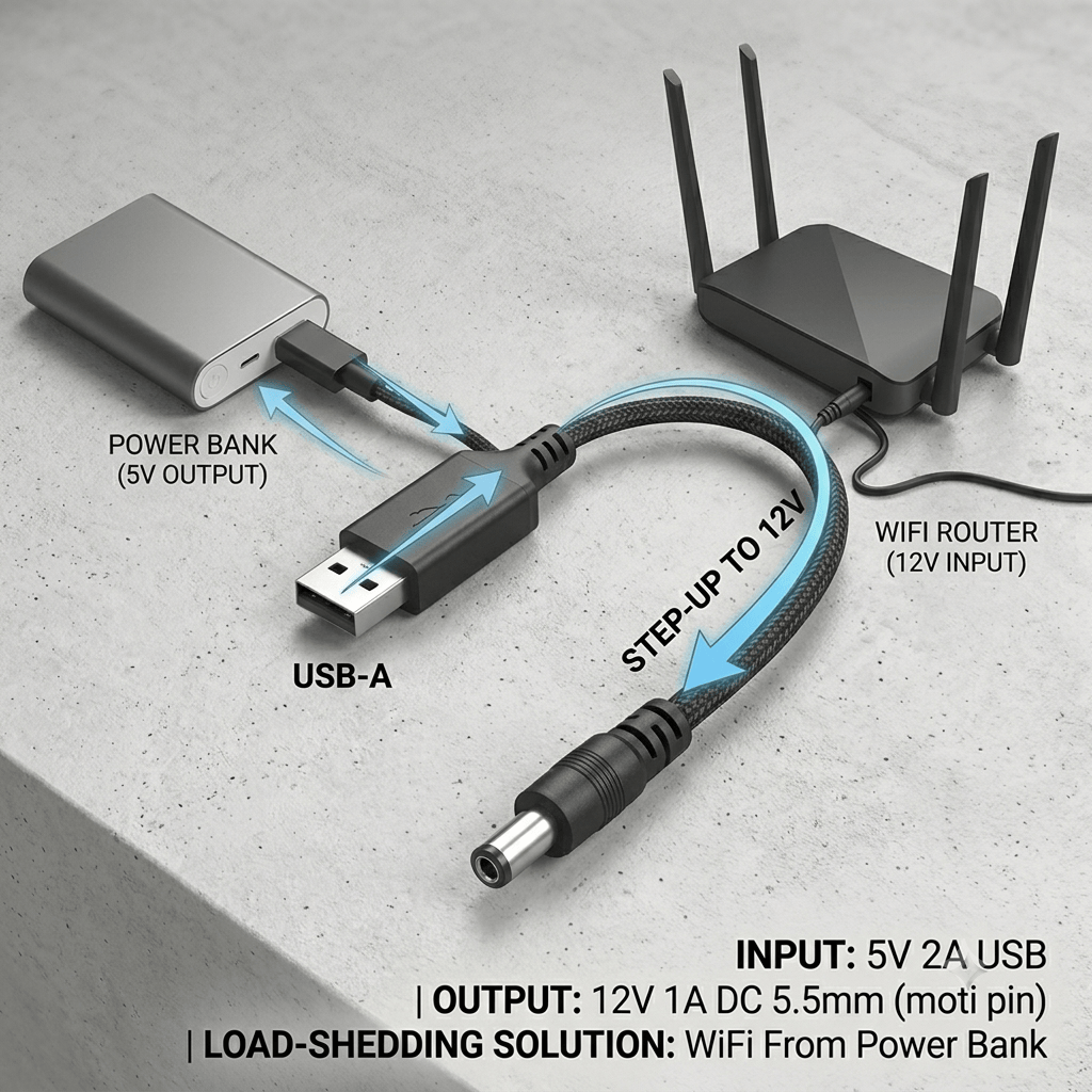 USB to DC 5V to 12V Step-Up Converter Cable for Wi-Fi Routers (5.5mm Plug)