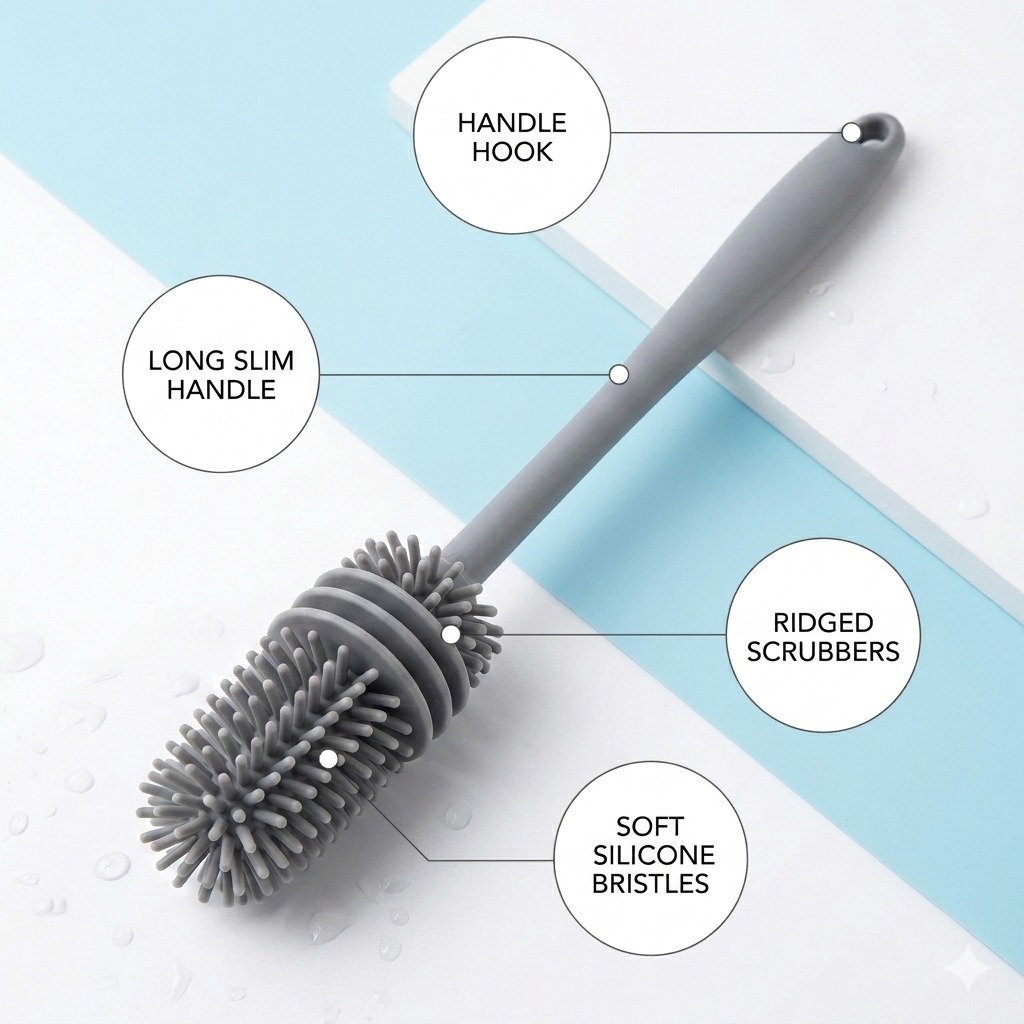 Multipurpose Silicone Bottle Brush with Long Handle – Non-Scratch Cleaning Brush for Water Bottles, Flasks, and Deep Jugs