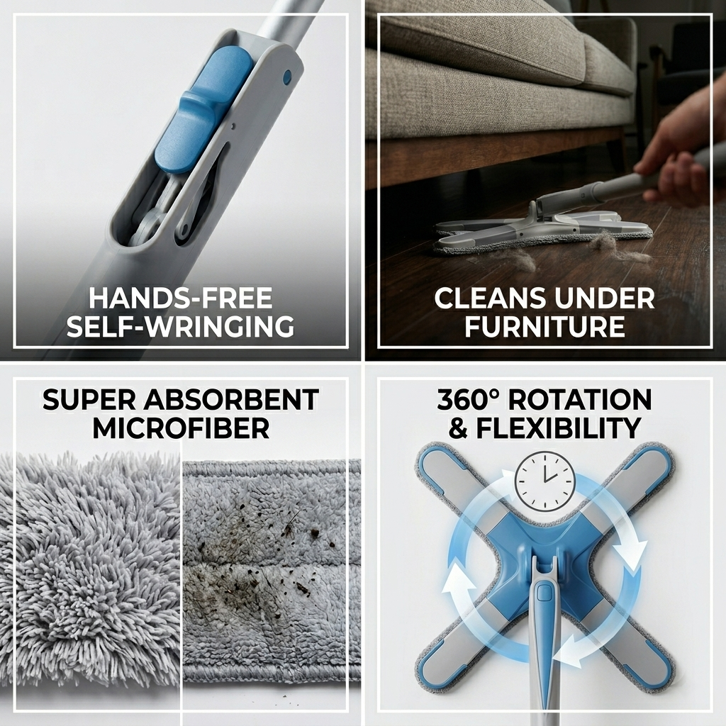 X-Type Hands-Free Self-Wringing Microfiber Floor Mop – 360° Rotatable Cleaning Tool for Home & Kitchen