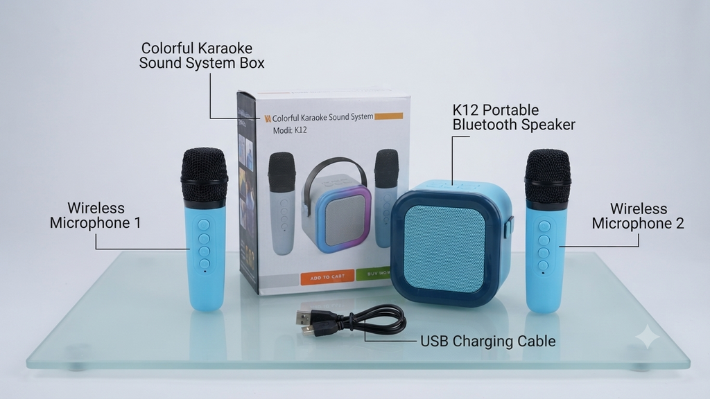 New K12 Portable Bluetooth Speaker with 2 Wireless Microphones | HiFi Family Singing Loudspeaker