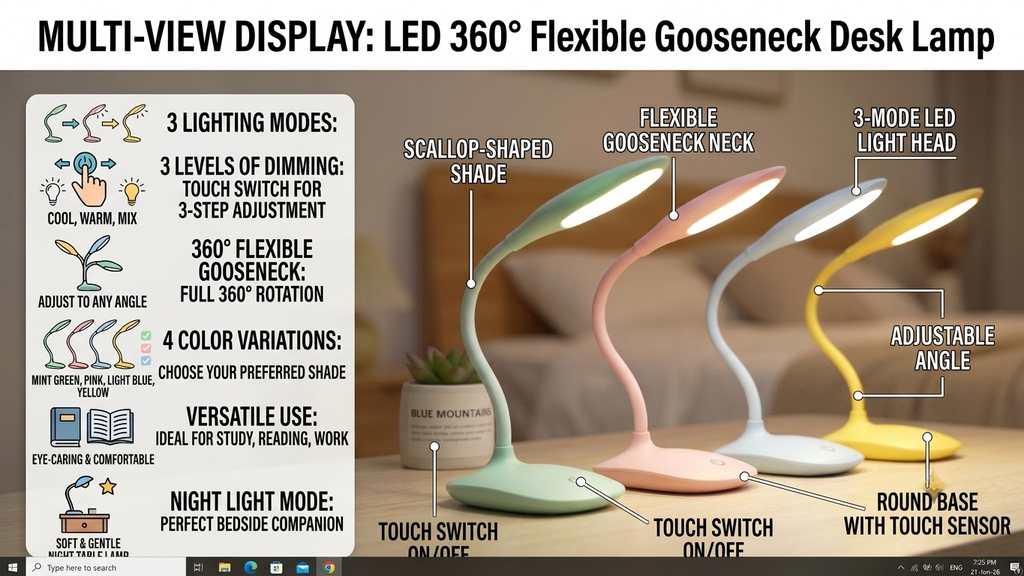 360° Flexible LED Desk Lamp – Rechargeable Eye-Caring Reading Light with 3 Modes