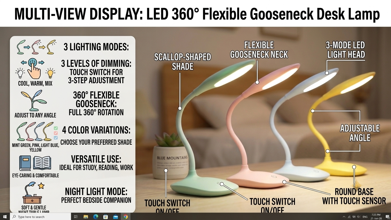 360° Flexible LED Desk Lamp – Rechargeable Eye-Caring Reading Light with 3 Modes